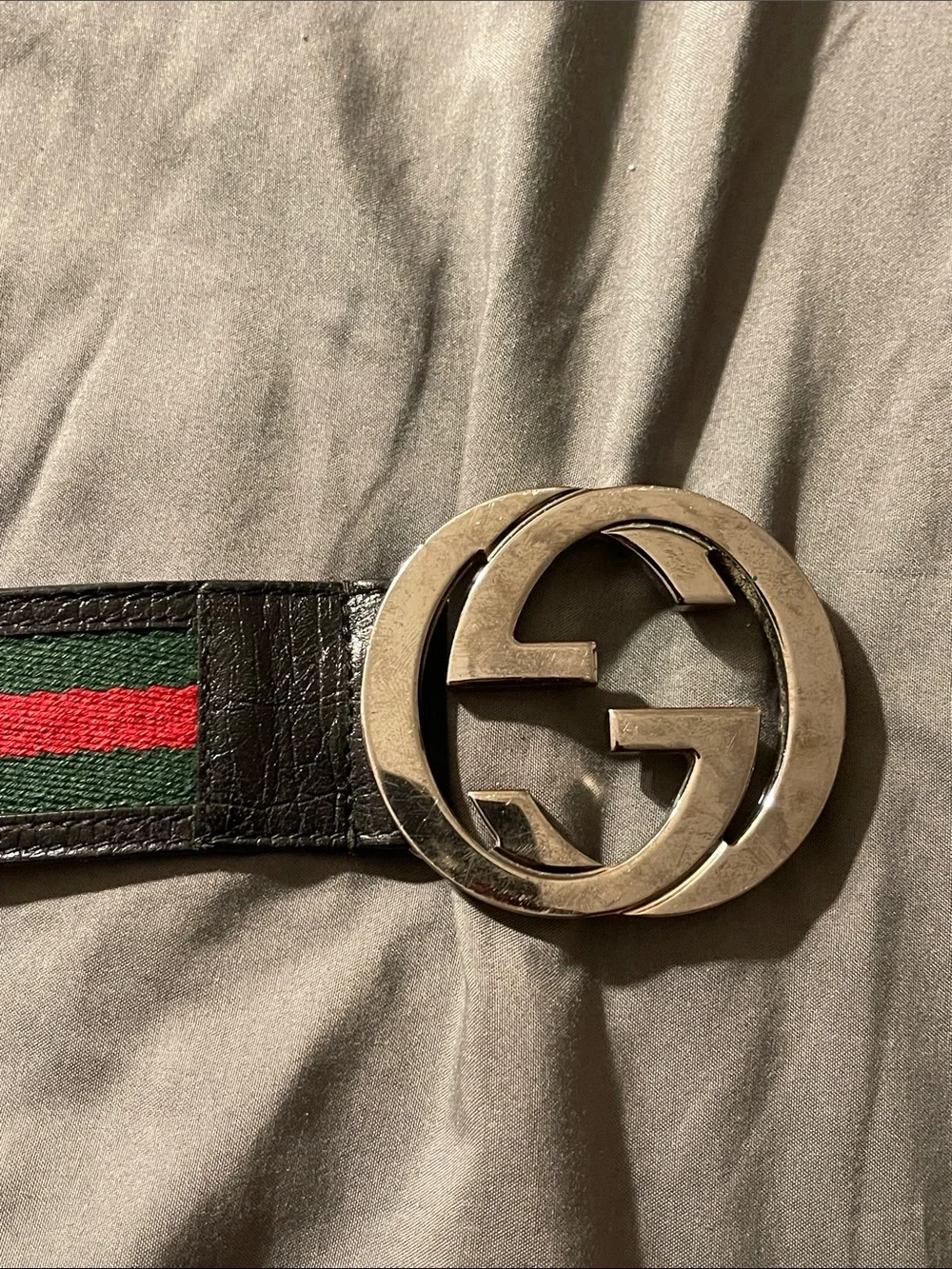 Gucci Black Leather Belt with Green and Red Web and Gunmetal GG Buckle